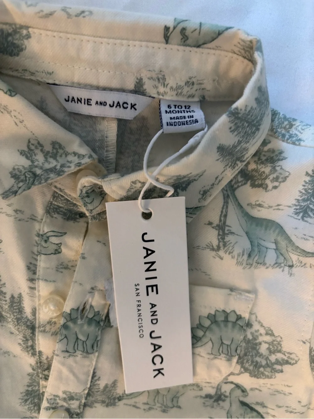 Janie and Jack Cream Unisex One-Piece with Green Dino Scene